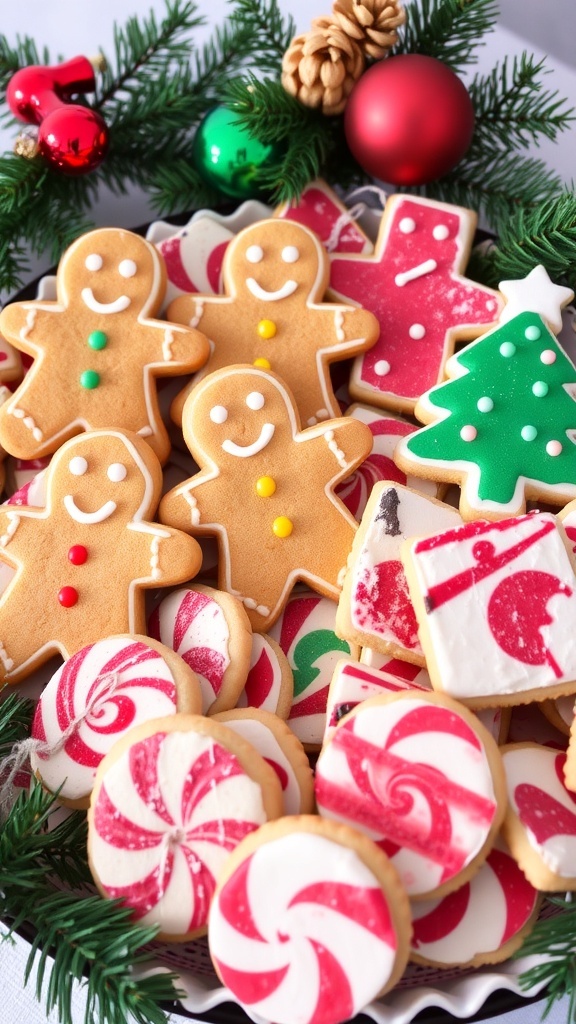 A variety of Christmas cookies including gingerbread men and decorated sugar cookies on a festive platter.